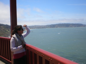 Shayne and her scarf on the Golden Gate Bridge