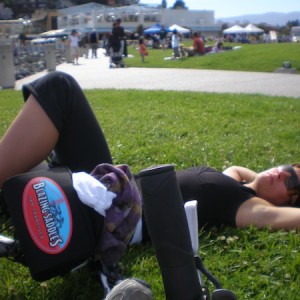 Krista relaxing in Tiburon after a successful ride across the Golden Gate Bridge.