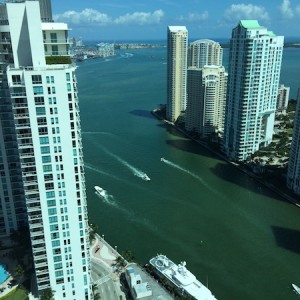 The view from a 37th floor suite. Note the yacht docked in the foreground. Yes, that's a helicopter on its aft deck.