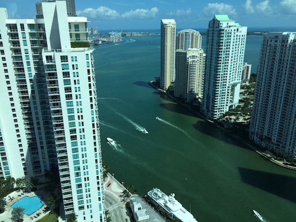 The view from a 37th floor suite. Note the yacht docked in the foreground. Yes, that's a helicopter on its aft deck.